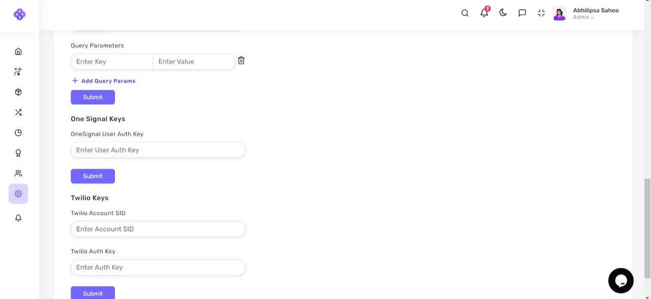 Organization Setting containing One Signal Integration